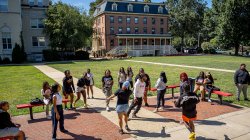 students dancing on the green at Bloomfield College