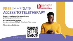 Graphic for Free Immediate Access to Therapy from Bloomfield College.