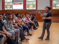 A Bloomfield staffer speaks to incoming students in a breakout session