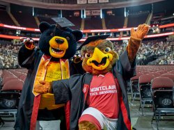 Montclair and Bloomfield mascots, Rocky the Red Hawk and Deacon the Bear, wearing graduation caps and gowns